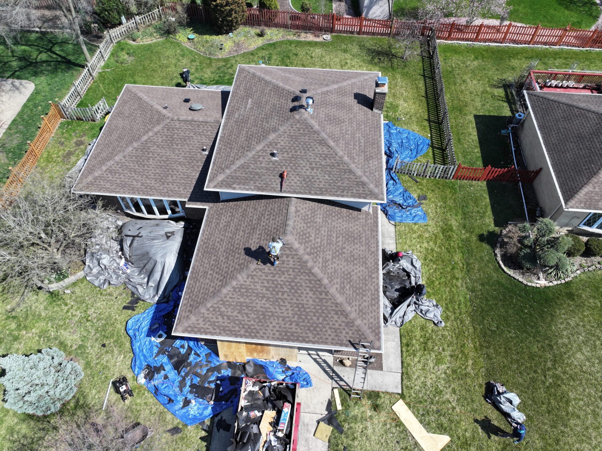 Aerial view of a Royal Craft roofing project in Downers Grove