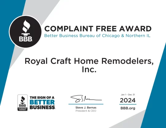 BBB-accredited and complaint-free trusted roofing contractor in Downers Grove — Royal Craft Home Remodelers recognized for excellence since 2010.