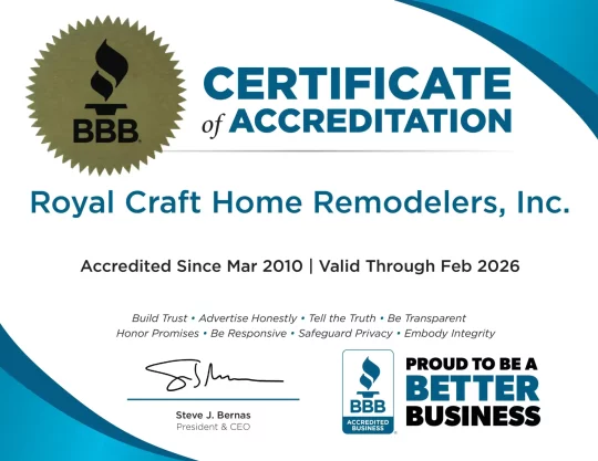 BBB-accredited and complaint-free trusted roofing contractor in Downers Grove — Royal Craft Home Remodelers recognized for excellence since 2010.