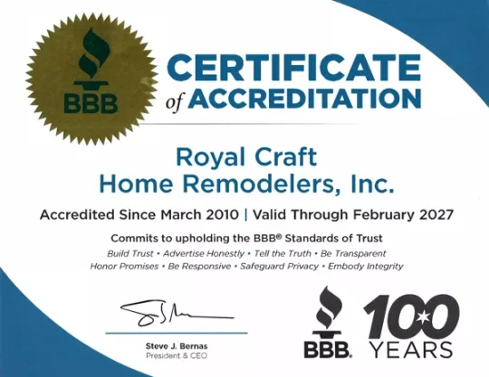 Royal Craft Home Remodelers BBB A+ Accreditation Certificate 2027
