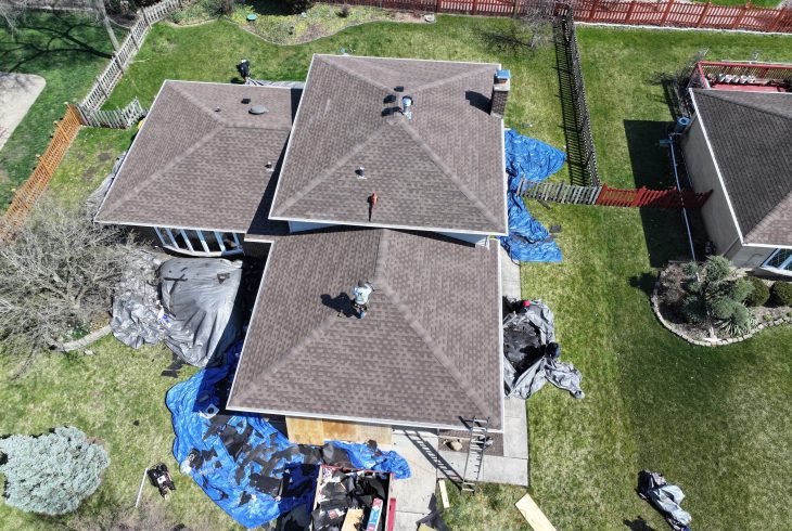 Aerial view of a Royal Craft roofing project in Downers Grove