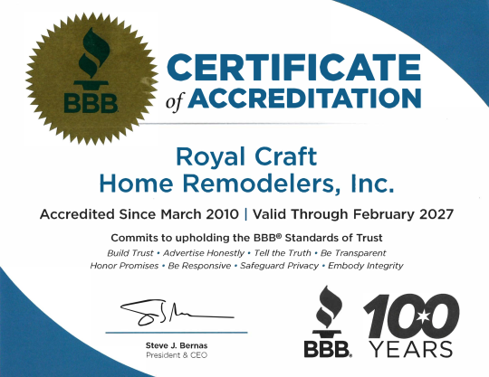 Royal Craft Home Remodelers BBB A+ Accreditation Certificate 2027
