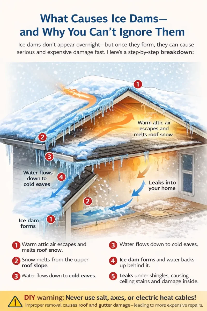 Infographic showing how ice dams form on roofs: warm attic air melts snow, runoff refreezes at eaves, forming ice dams that lead to ceiling leaks. Includes labeled visual with arrows and step-by-step breakdown.