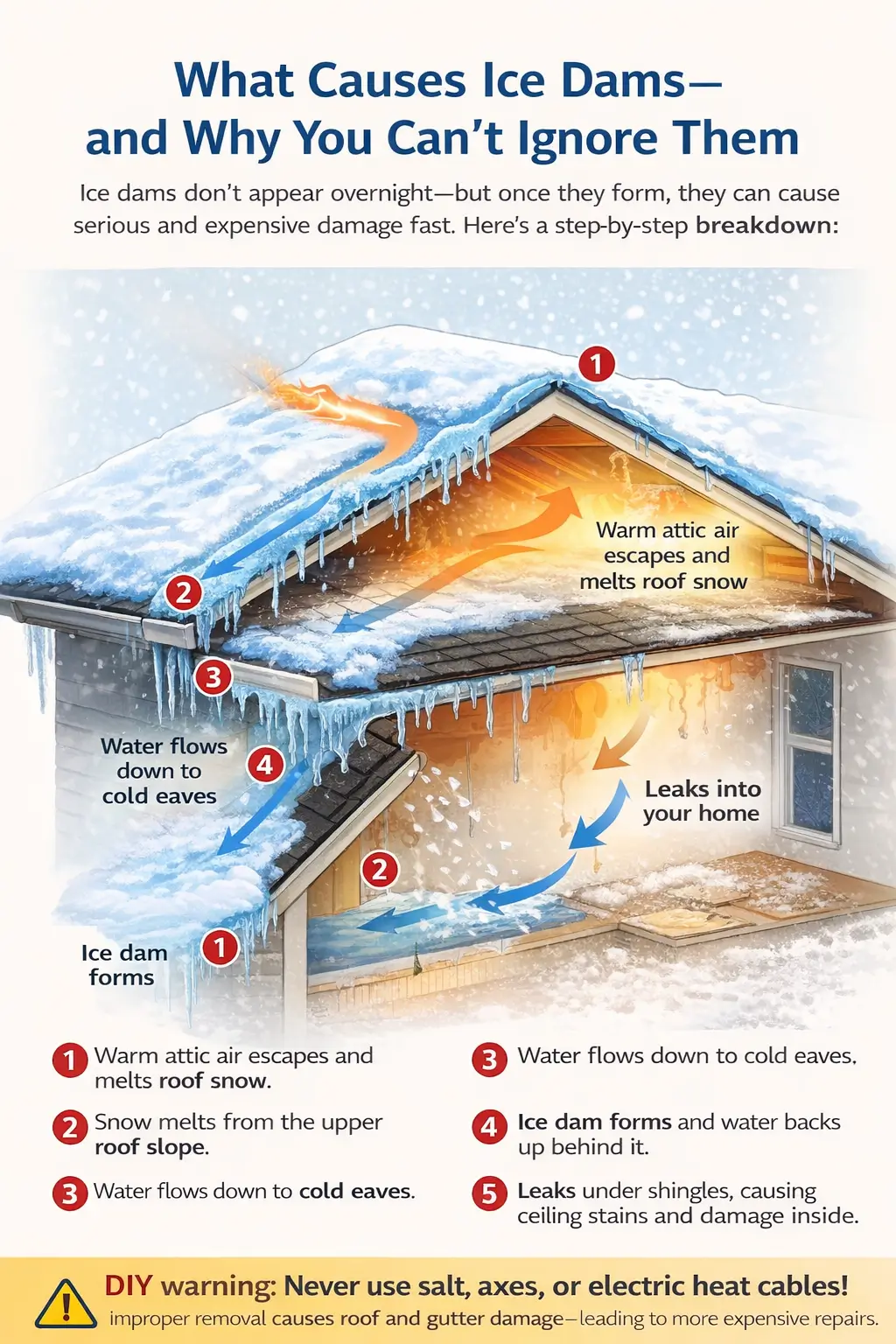 Infographic showing how ice dams form on roofs: warm attic air melts snow, runoff refreezes at eaves, forming ice dams that lead to ceiling leaks. Includes labeled visual with arrows and step-by-step breakdown.