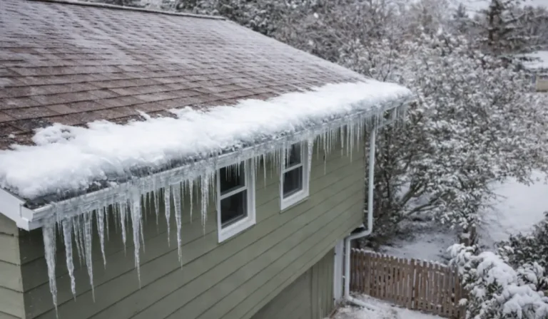 Ice dams along residential roof edge showing blocked drainage, icicles, and winter roof damage risk.