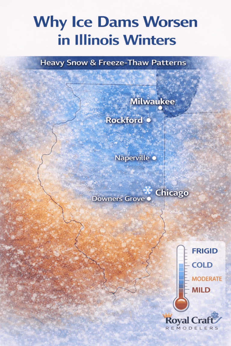 Heat map of Illinois showing ice dam risk during winter with freeze-thaw patterns in cities like Chicago, Naperville, Rockford, and Downers Grove. Royal Craft Home Remodelers logo included.