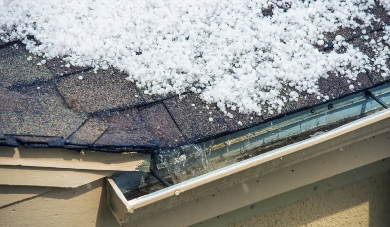 Melting snow overflowing clogged gutters causes winter roof leaks and water damage to shingles and eaves.
