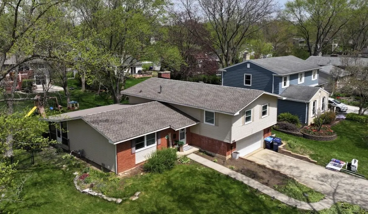 A newly installed residential roof on a suburban home in Downers Grove, completed by professional roof contractors.