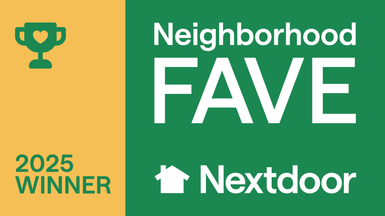 2025 Nextdoor Neighborhood Fave award badge in green and gold colors.