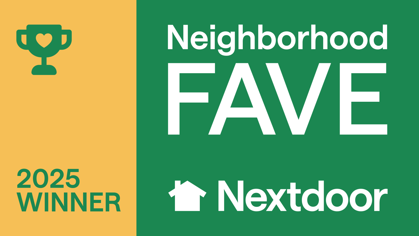 2025 Nextdoor Neighborhood Fave award badge in green and gold colors.