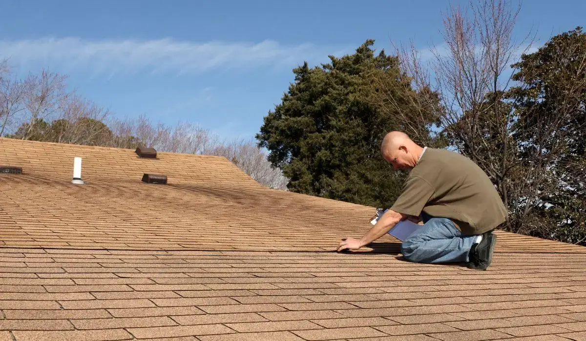 Professional roof inspector evaluating shingle condition on a residential roof during sunny summer in Illinois.