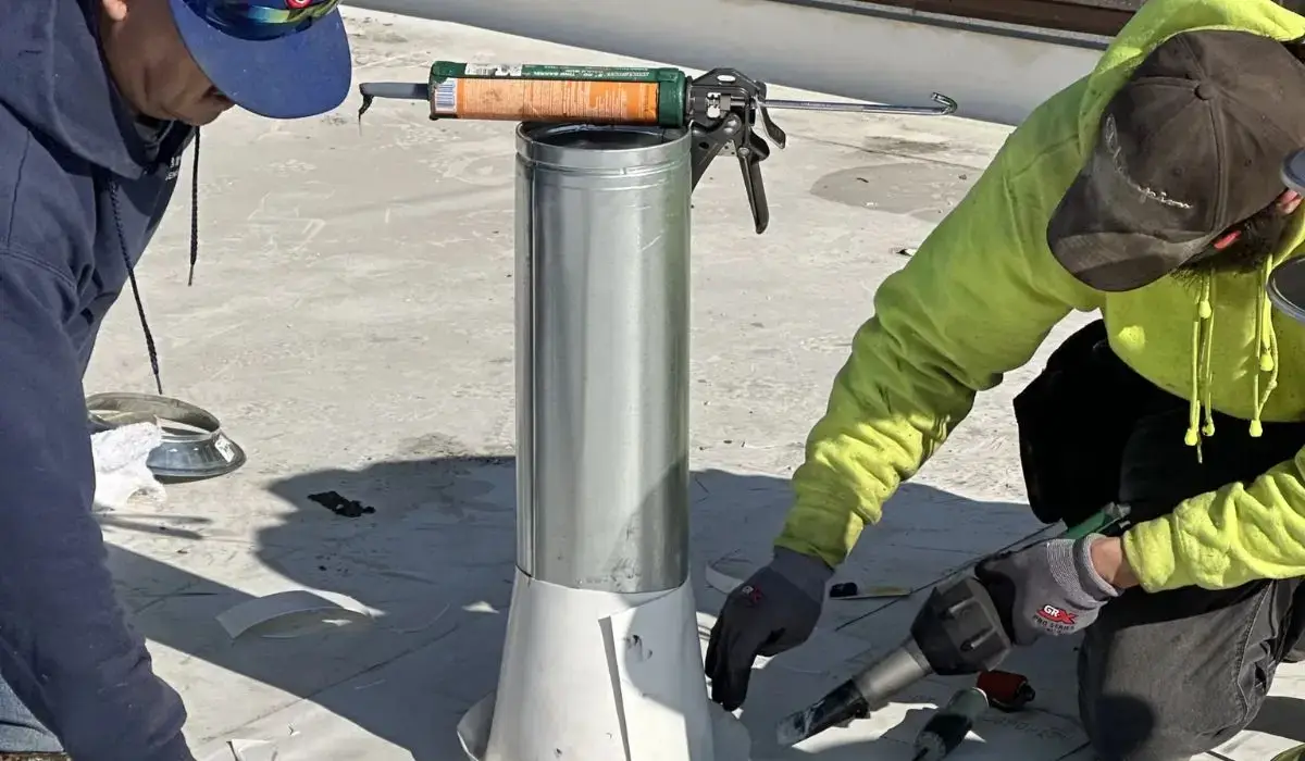 Roof repair in Downers Grove showing technicians sealing vent flashing on flat roof