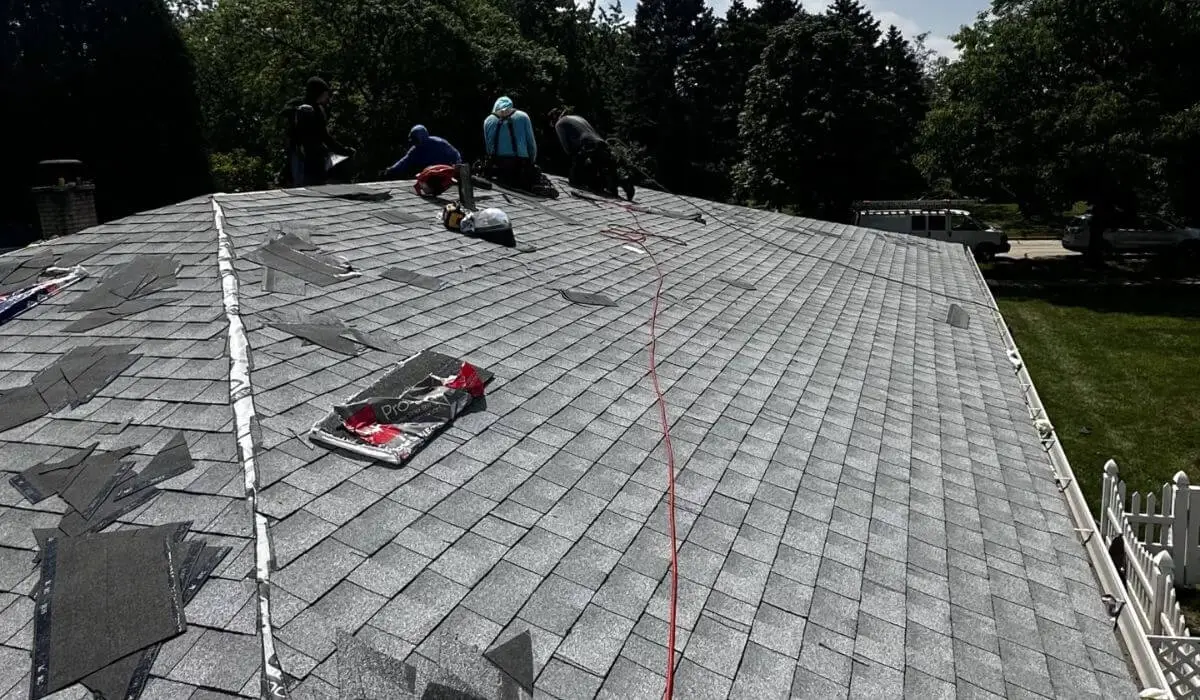 Roof decking exposed during roof replacement in Downers Grove using GAF materials