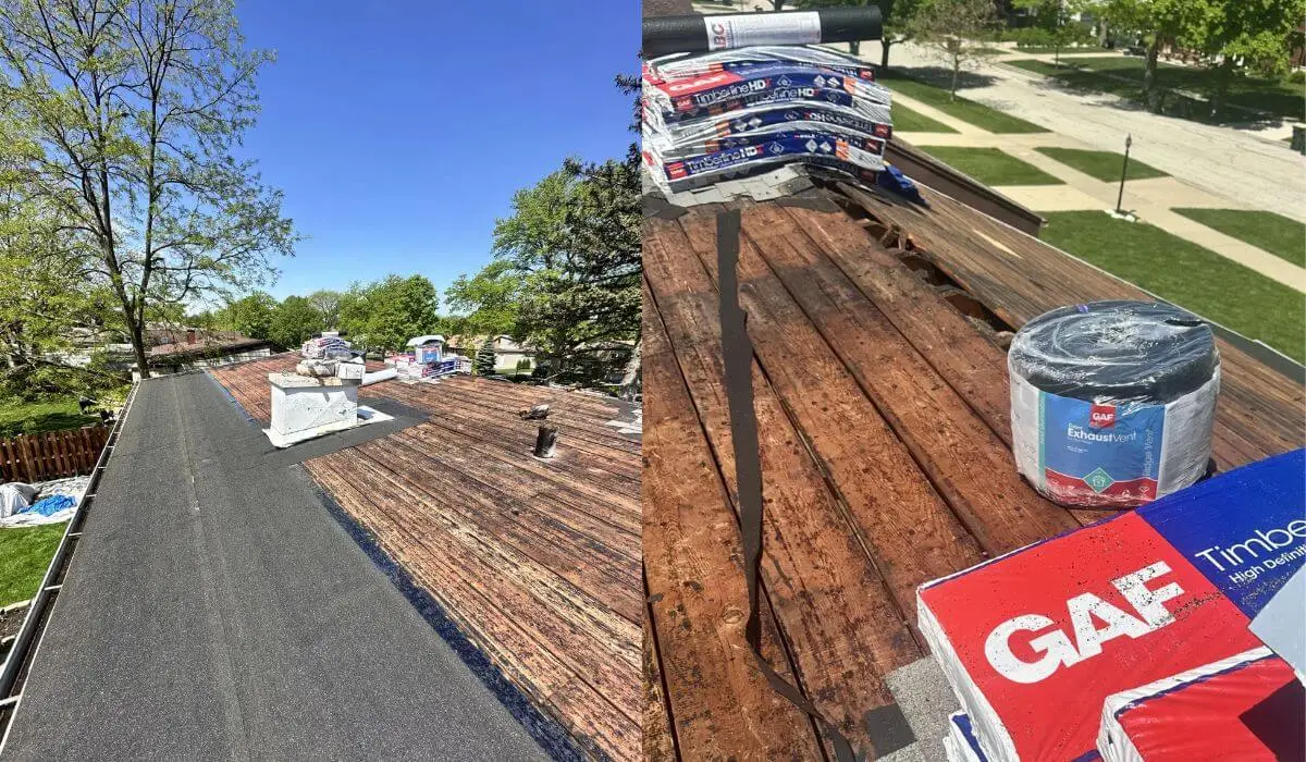 Roof replacement in Downers Grove showing full tear-off and GAF roofing materials