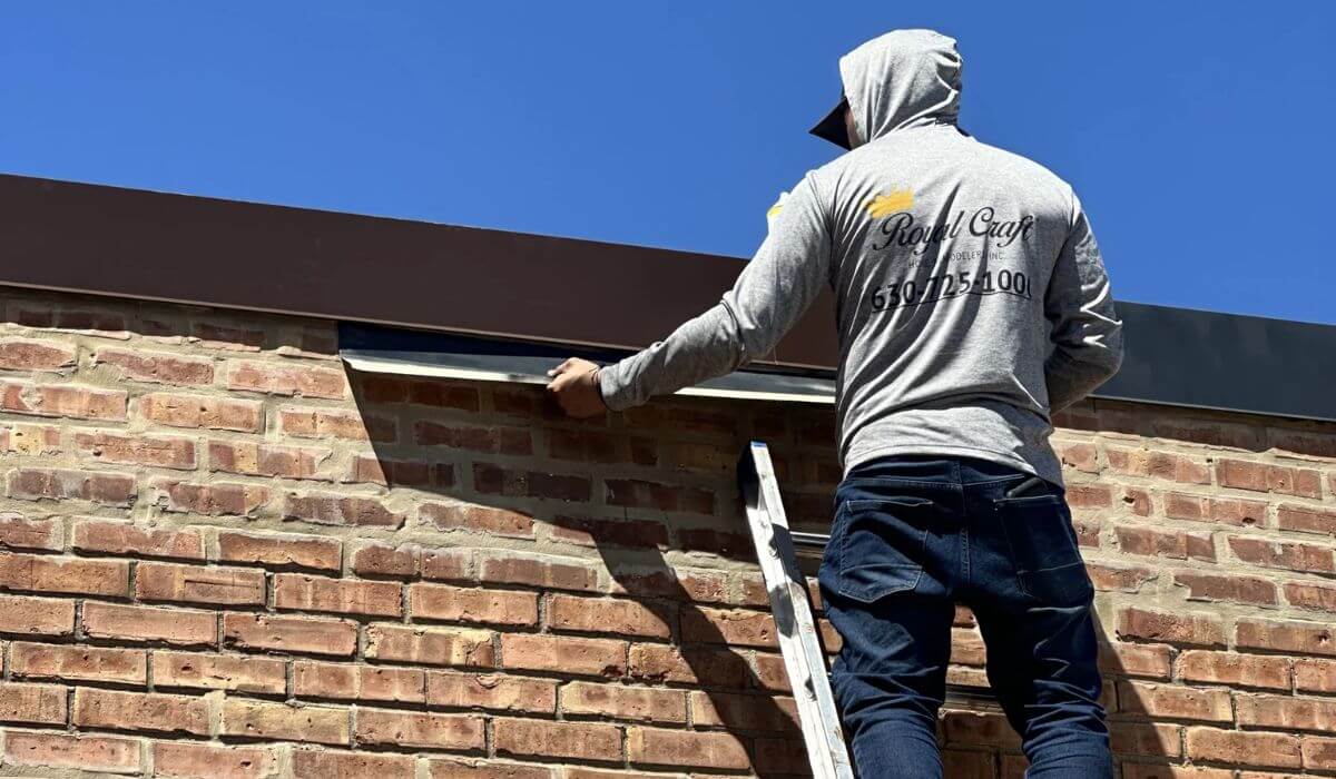Roofing contractor in Hinsdale inspecting metal flashing on brick building exterior