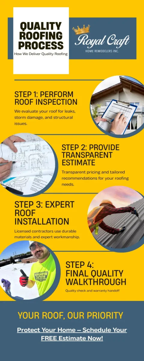Infographic showing Royal Craft Home Remodelers’ 4-step roofing process: inspection, estimate, installation, and final walkthrough.